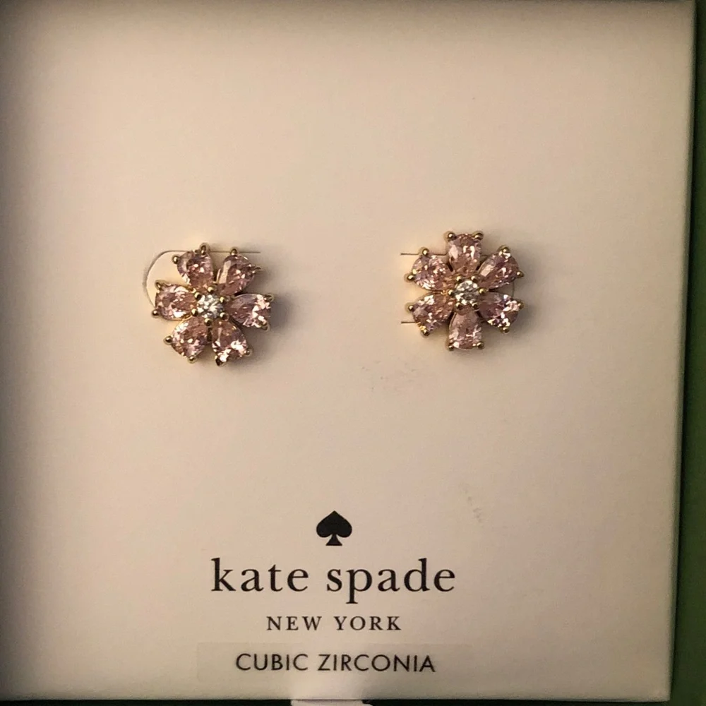 kate spade Gold Tone Always Sparkle Flower Stud Earrings Pink CZ Accents NWT